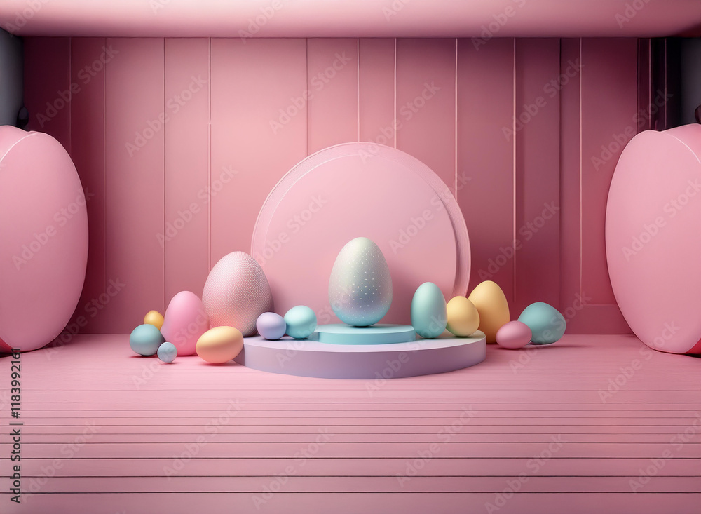 Aufkleber Pastel Easter eggs of various sizes and colors are arranged on pink platforms within a minimalist pink room.  The scene is soft, clean, and festive.