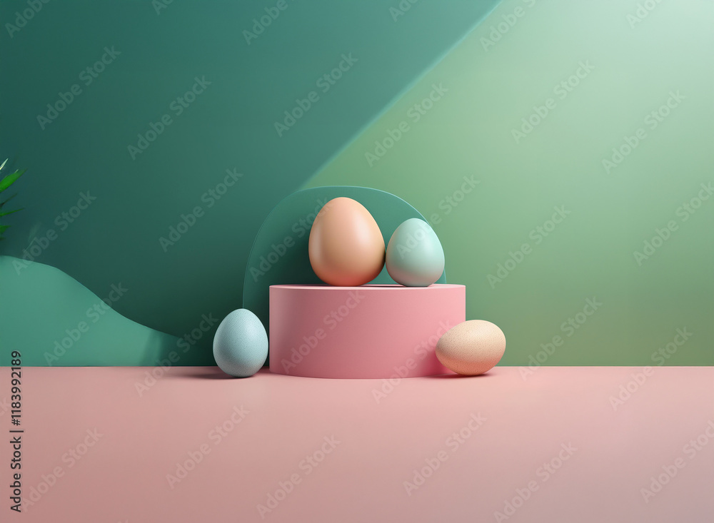 Poster pastel eggs on a pink pedestal against a green backdrop. a minimalist easter scene with soft colors 