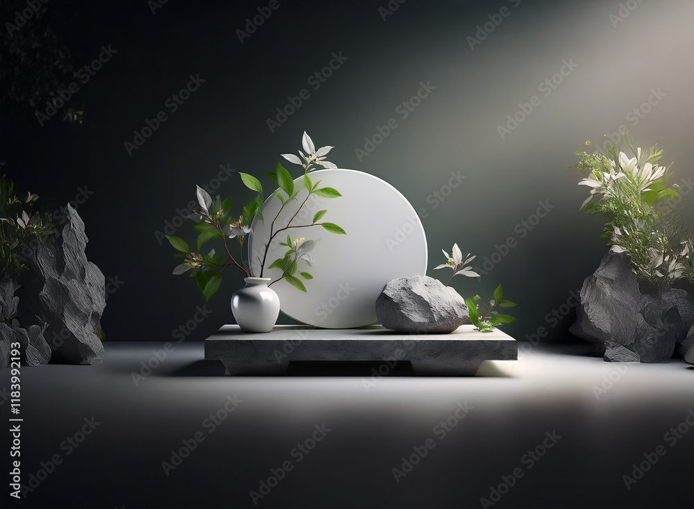 Aufkleber serene minimalist scene. white flowers and rocks flank a circular display platform on a stone base, 