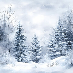 Fototapeta premium Watercolor Winter forest background, Winter Theme snowy forest