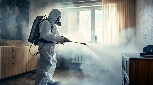 un homme en combinaison de protection vaporise l'int&eacute;rieur d'un appartement avec de la vapeur pour lutter contre les punaises de lit