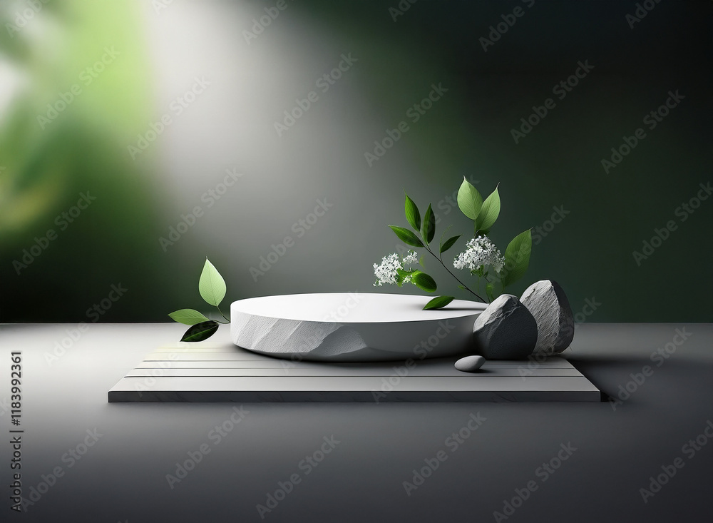 Poster serene scene: a minimalist white stone podium adorned with delicate white flowers and grey stones re