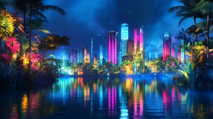 Obraz premium Vibrant futuristic city skyline reflected in tranquil water, surrounded by lush tropical foliage at night.