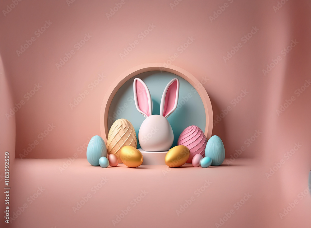 Aufkleber a pastel pink easter scene features a white bunny head and pastel colored eggs arranged around a cir