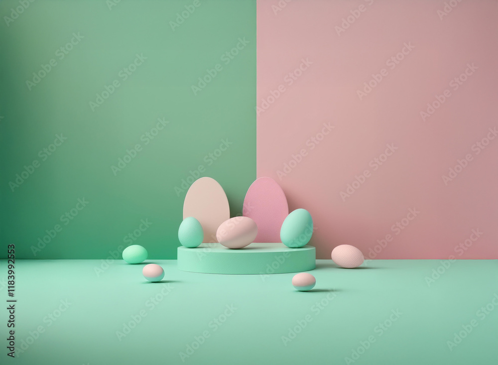 Aufkleber pastel-colored eggs arranged on a minimalist, teal and rose-pink background. a simple platform showc