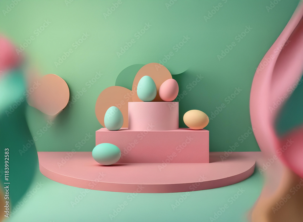 Aufkleber pastel pink and green display features three pastel eggs atop a tiered platform, with two more eggs 
