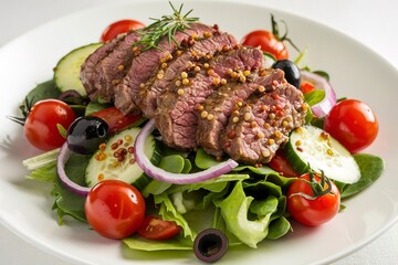 a beef salad on a white plate