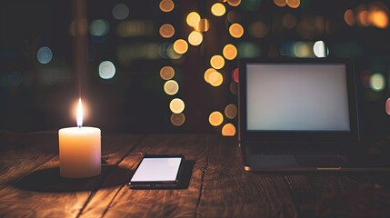 Dimly lit room with a single candle casting soft shadows on a wooden table, laptop and smartphone turned off, symbolizing a sudden power outage and serene atmosphere.