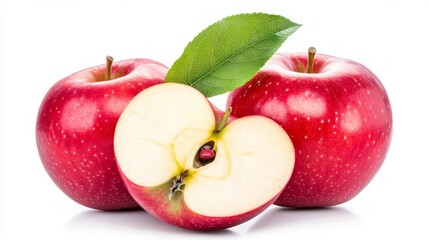 Vibrant red apples sit together, one sliced in half to reveal its juicy, creamy white interior. A green leaf adds a touch of freshness, enhancing the scene of nature’s delight