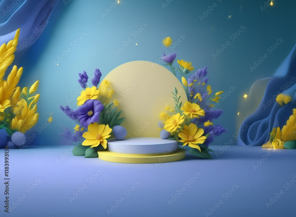 Aufkleber serene 3d rendering of a pastel blue and yellow floral display. a circular podium sits amidst vibran