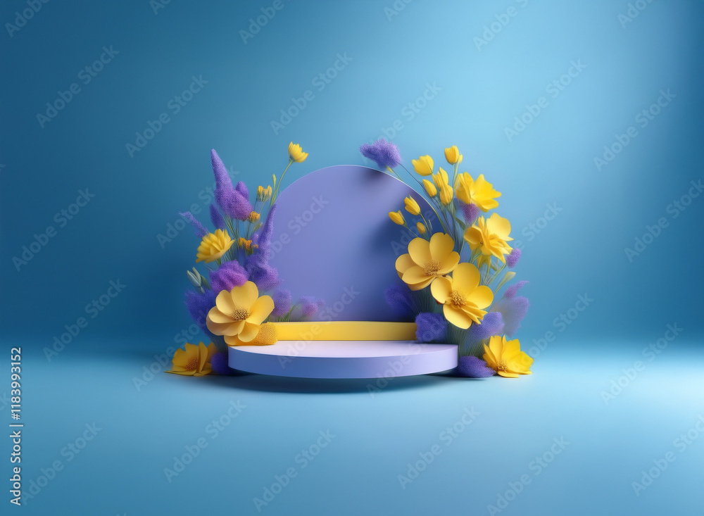 Aufkleber a vibrant blue and yellow floral display. a circular podium is adorned with stylized paper flowers, 