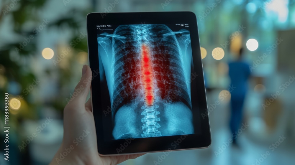 Fototapete a person holds a tablet displaying a bright x-ray image of the spine. the red area indicates a regio
