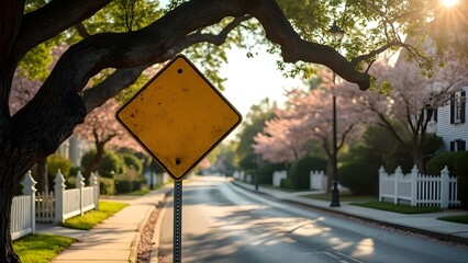 Vintage Yellow Diamond Traffic Sign on Scenic Suburban Street with Cherry Blossoms and White Picket Fences - Golden Hour Photography