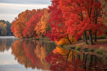 Obraz premium Vibrant red autumn trees reflected in water