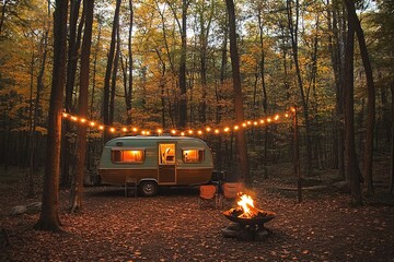 Obraz premium Autumn Camping: Cozy Camper Van beside a crackling campfire under the starry night sky in a tranquil forest.