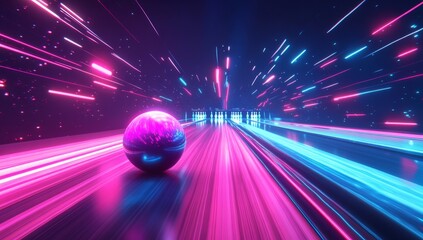 Vibrant cosmic bowling ball on illuminated alley with reflective wooden floor