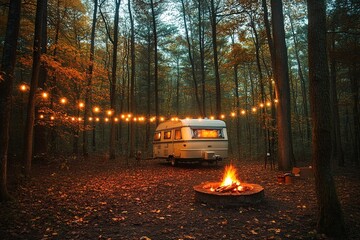 Obraz premium Autumn Camping: Trailer in Woods, Campfire & Fairy Lights, Peaceful Forest Escape.