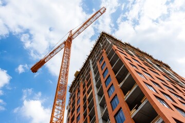 Repayment and Development concept. Construction site with a crane and a high-rise building under development.