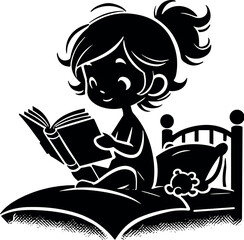 Child Reading Bedtime Stories Vector Black Silhouette Cricut Design for T-Shirt