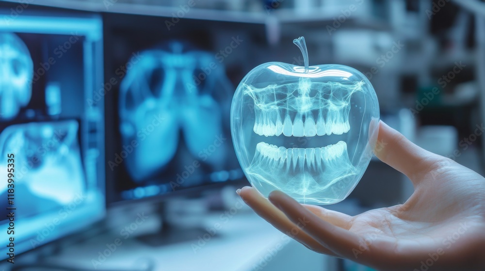 Aufkleber a hand holds a transparent apple shape displaying a detailed dental x-ray. behind are multiple x-ray