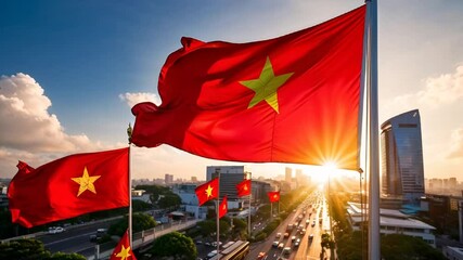 Vietnam flag close up fluttering, sunny day, city

