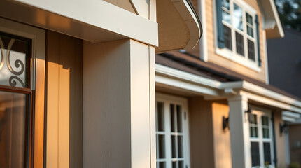 Obraz premium Residential Building Exterior Details: Beige Siding, White Trim, Windows, and Doors