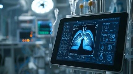 A digital monitor displays an x-ray image of human lungs in a medical environment. The advanced technology is used by healthcare professionals to evaluate patient health and conditions.