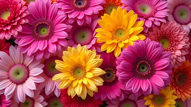 Vibrant Pink and Yellow Floral Composition, Close-up of Colorful Flowers with Detailed Textures