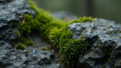 Close-Up of Black Rock with Lush Green Moss, Nature Texture Photography