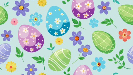 Bright Easter eggs are surrounded by wildflowers and greenery. 