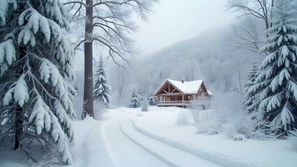 Naklejka premium Serene Winter Wonderland, Snow Covered Trees, Cozy Cabin, Snowy Road - AI Generated Image