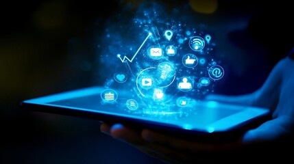 A hand holding a tablet displaying glowing social media and data icons.