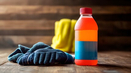 A close-up of a sports drink bottle with vibrant colors, placed on a wooden table with a pair of workout gloves and a gym towel. The label emphasizes energy and replenishment, ideal for post-exercise 