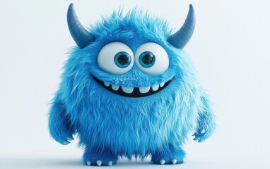 Fototapeta premium A fluffy blue monster with large round eyes and tiny horns, smiling cheerfully on a bright white background