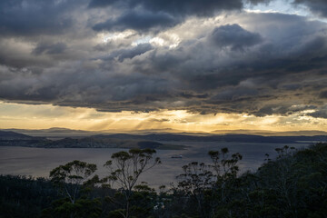 dawn golden sunrise over hobart over the ocean