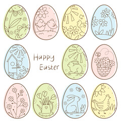 Easter eggs collection. Design elements. Outline color illustration isolated on white background. 