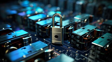 Digital padlock for computing system on dark blue background, cyber security technology for fraud prevention  