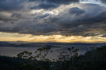dawn golden sunrise over hobart over the ocean