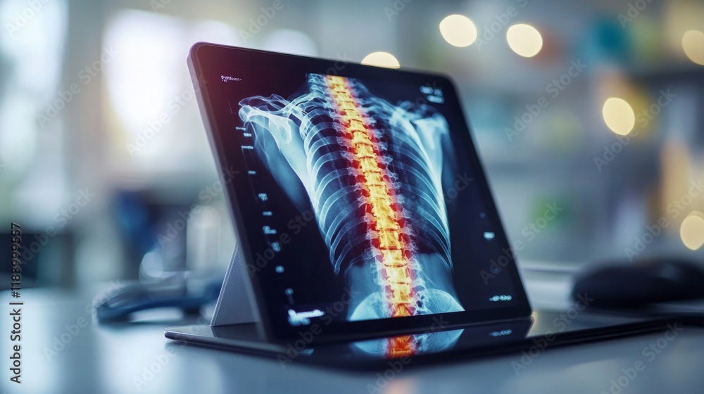 Aufkleber A detailed x-ray image of a human spine shown on a digital tablet in a contemporary medical setting. The focus is on spinal alignment and potential abnormalities, with soft ambient lighting.