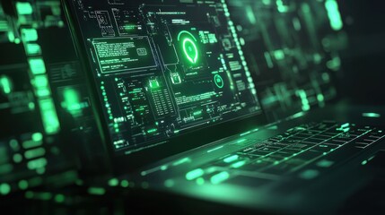 Laptop displaying green digital data, futuristic background, cybersecurity