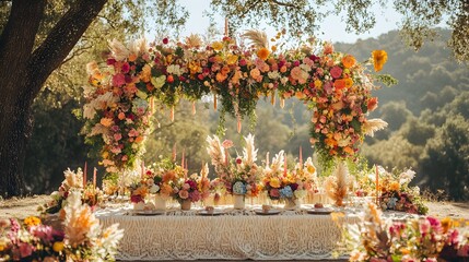 A boho-style floral arch adorned with vibrant, eclectic blooms and whimsical floral arrangements, set against a sunny outdoor backdrop, perfect for bohemian-themed celebrations 