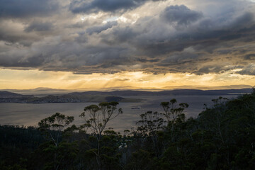 dawn golden sunrise over hobart over the ocean