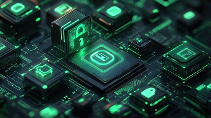 Obraz premium Secure Data Encryption, Circuit Board, Digital Lock, App Icons, Cyber Security