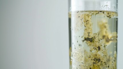Close-up of a glass of water with a faint greenish tint, symbolizing arsenic contamination, on a plain white background with copy space. Environmental pollution and toxic substance danger concept.