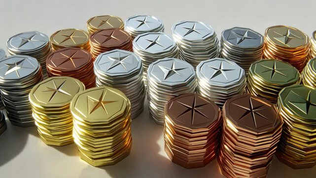 Stacked coins in various colors arranged neatly on a surface demonstrating wealth display at a collector's event