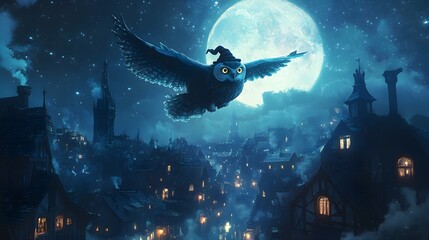 A majestic owl dressed in a tiny witch's hat and cape, soaring gracefully over a moonlit village with glowing windows and shadowy rooftops under a star-filled sky 
