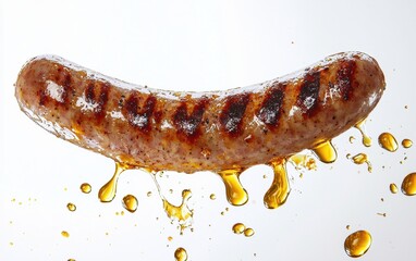 A grilled sausage mid-flight, with drops of oil and steam visible against a bright white background