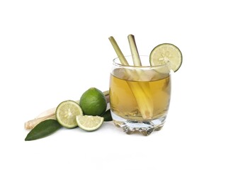 Lemongrass and lime boiled water in glass on white background. Healthy drink lifestyle 