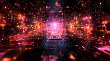 Obraz premium Glowing digital city core, data streams, abstract background, tech concept