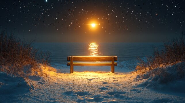 Solitary bench on snowy beach at night, illuminated by warm light.